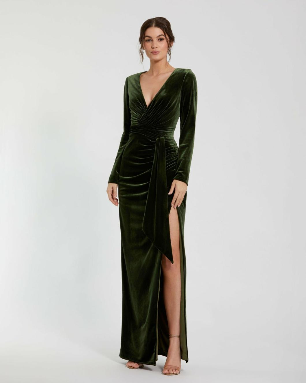 Best Sellers | Women Mac Duggal Long Sleeve Deep V Draped Velvet Gown Olive