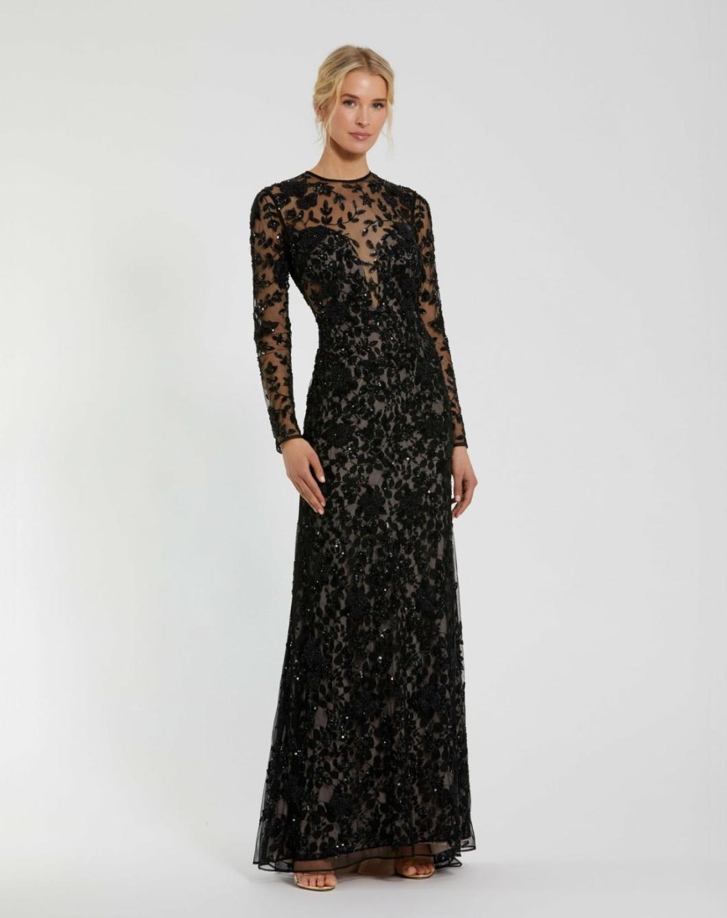 Best Sellers | Women Mac Duggal Long Sleeve Floral Embellished Gown Black Nude