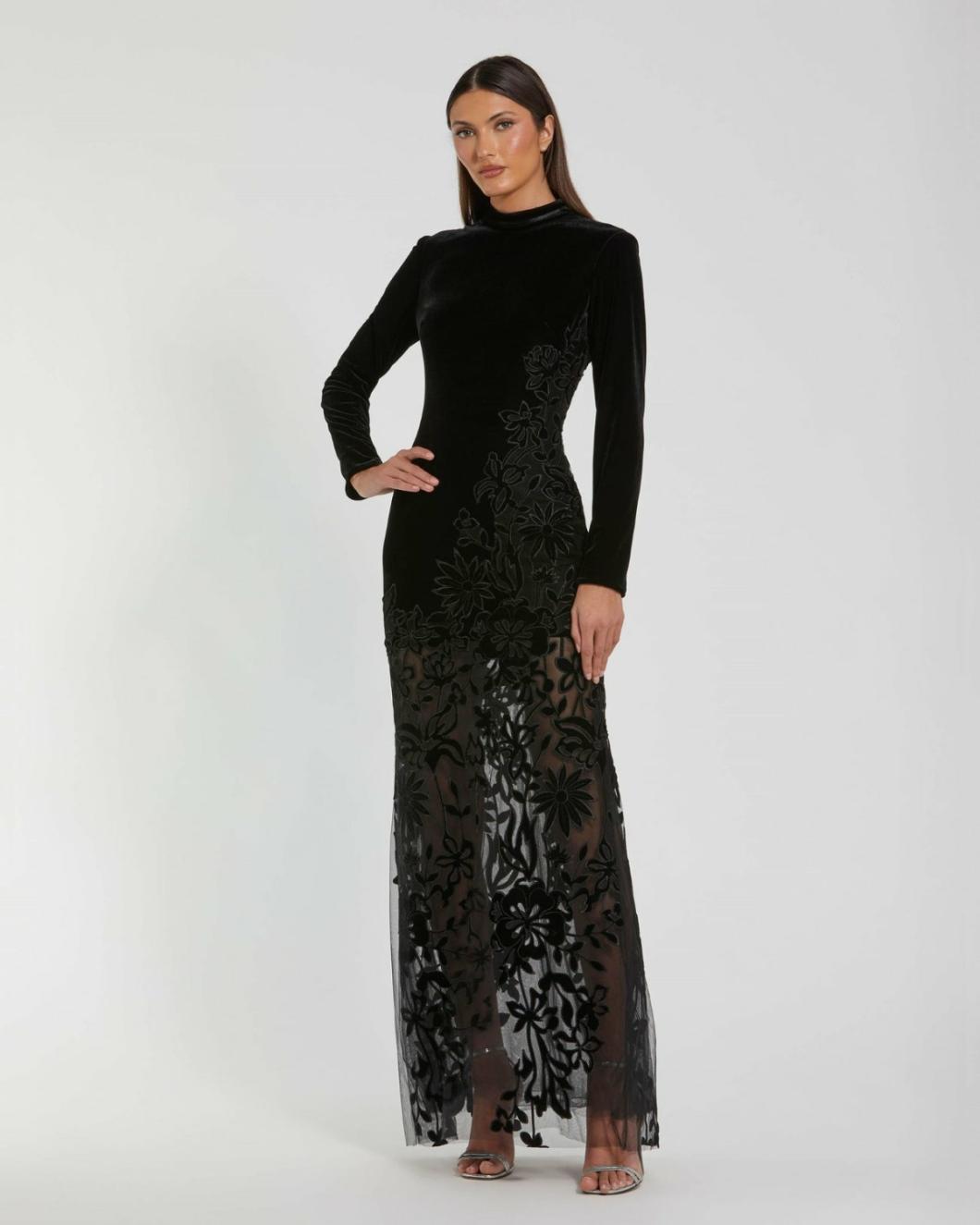 Best Sellers | Women Mac Duggal Long Sleeve Sheer Floral Embroidered Velvet Gown Black