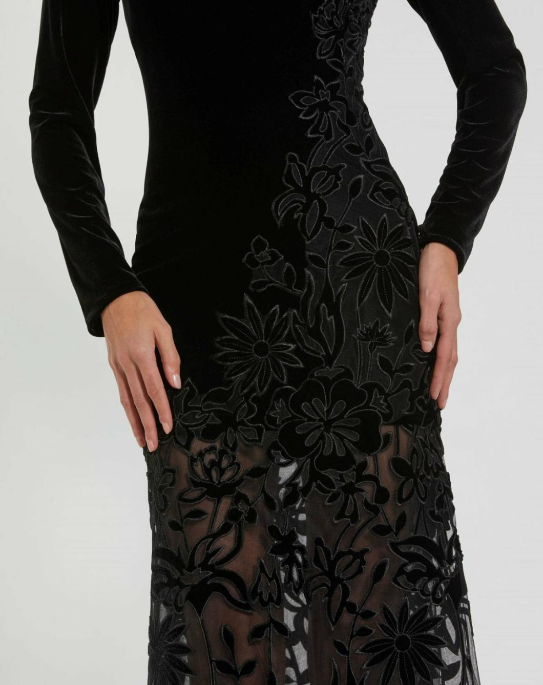 Best Sellers | Women Mac Duggal Long Sleeve Sheer Floral Embroidered Velvet Gown Black