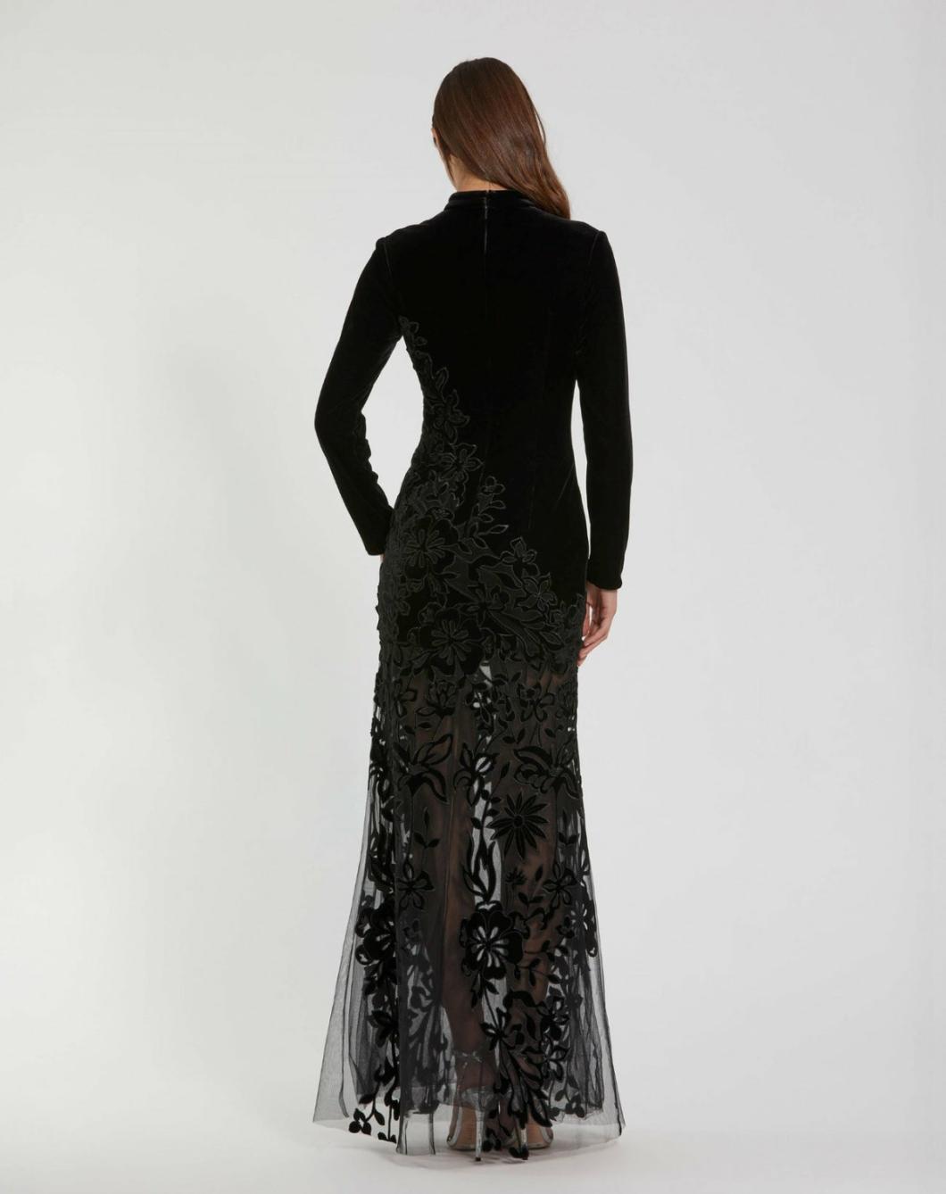 Best Sellers | Women Mac Duggal Long Sleeve Sheer Floral Embroidered Velvet Gown Black