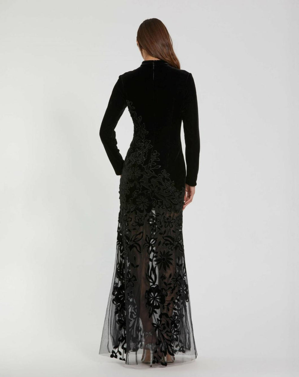 Best Sellers | Women Mac Duggal Long Sleeve Sheer Floral Embroidered Velvet Gown Black