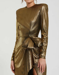 Best Sellers | Women Mac Duggal Metallic Jersey Long Sleeve Gown With Bow Antique Gold