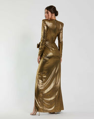Best Sellers | Women Mac Duggal Metallic Jersey Long Sleeve Gown With Bow Antique Gold