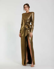 Best Sellers | Women Mac Duggal Metallic Jersey Long Sleeve Gown With Bow Antique Gold