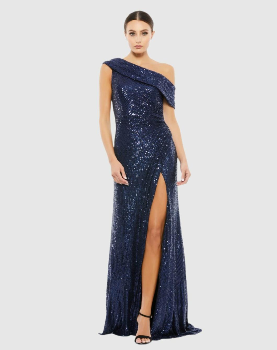 Best Sellers | Women Mac Duggal Navy Sequined Drop Shoulder Gown Midnight