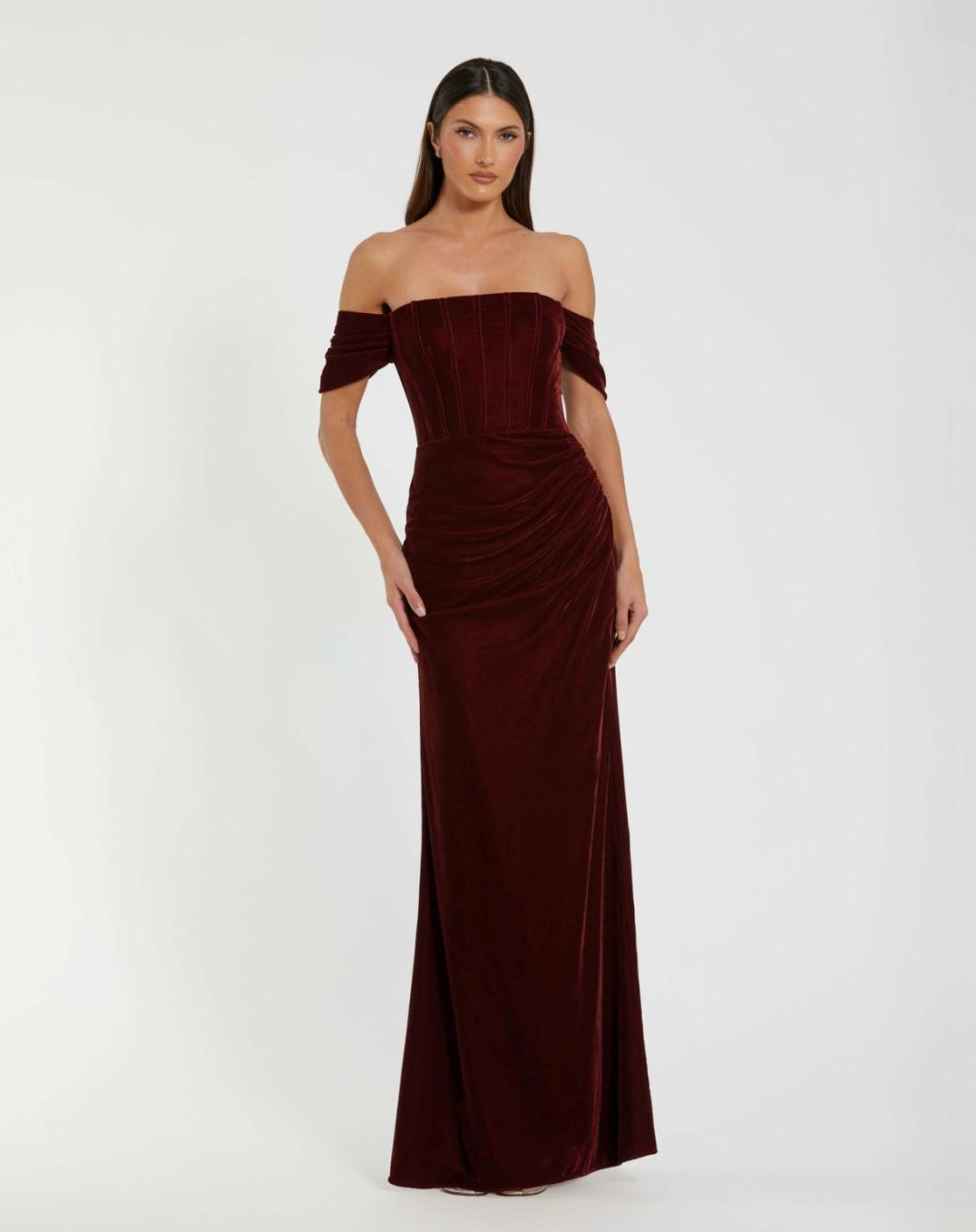 Best Sellers | Women Mac Duggal Off-the-Shoulder Velvet Bustier Gown Wine