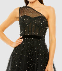 Best Sellers | Women Mac Duggal One Shoulder Pearl Beaded Midi Ballgown Black