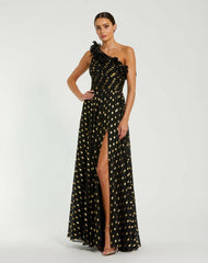 Best Sellers | Women Mac Duggal One Shoulder Ruffle Chiffon Gown With Slit Black Gold