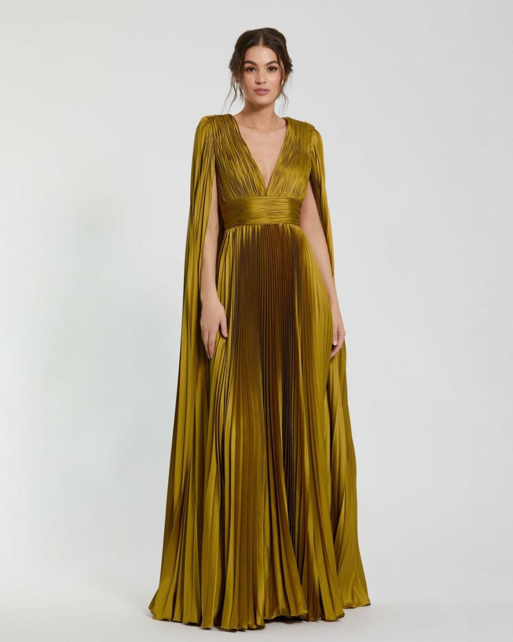 Best Sellers | Women Mac Duggal Pleated Charmeuse V Neck Gown With Cape Chartreuse