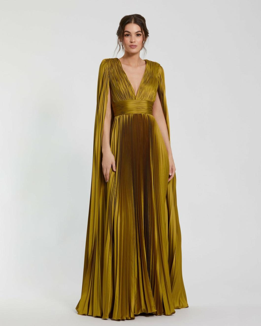 Best Sellers | Women Mac Duggal Pleated Charmeuse V Neck Gown With Cape Chartreuse