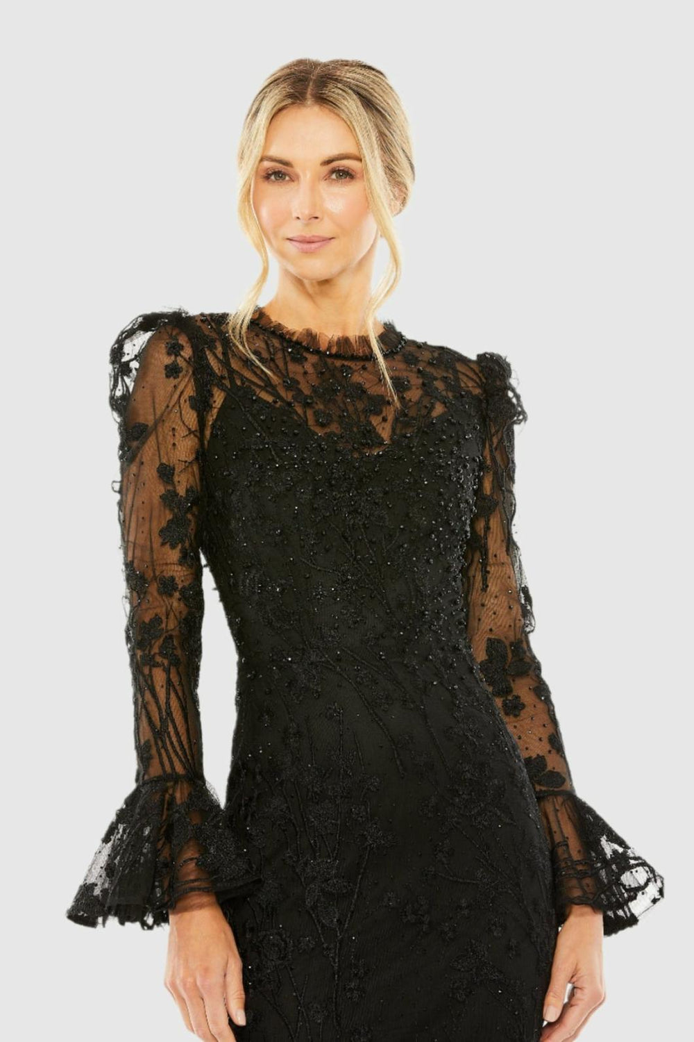 Best Sellers | Women Mac Duggal Ruffle Wrist Embellished High Neck Midi Dress Black