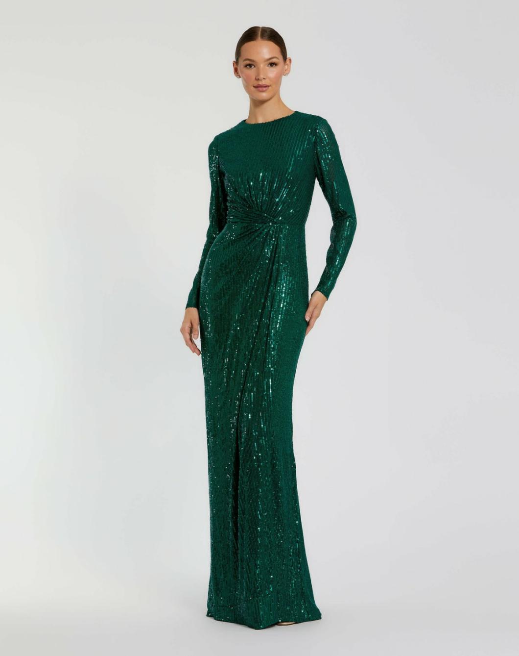 Best Sellers | Women Mac Duggal Sequined Long Sleeve Side Knot Dress Emerald