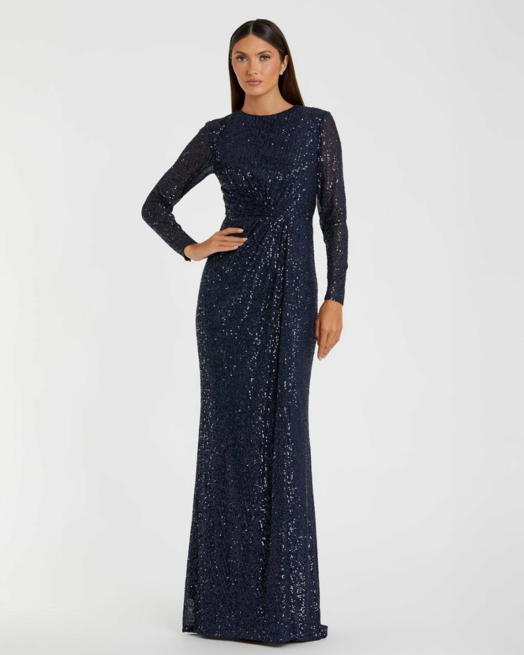 Best Sellers | Women Mac Duggal Sequined Long Sleeve Side Knot Dress Emerald