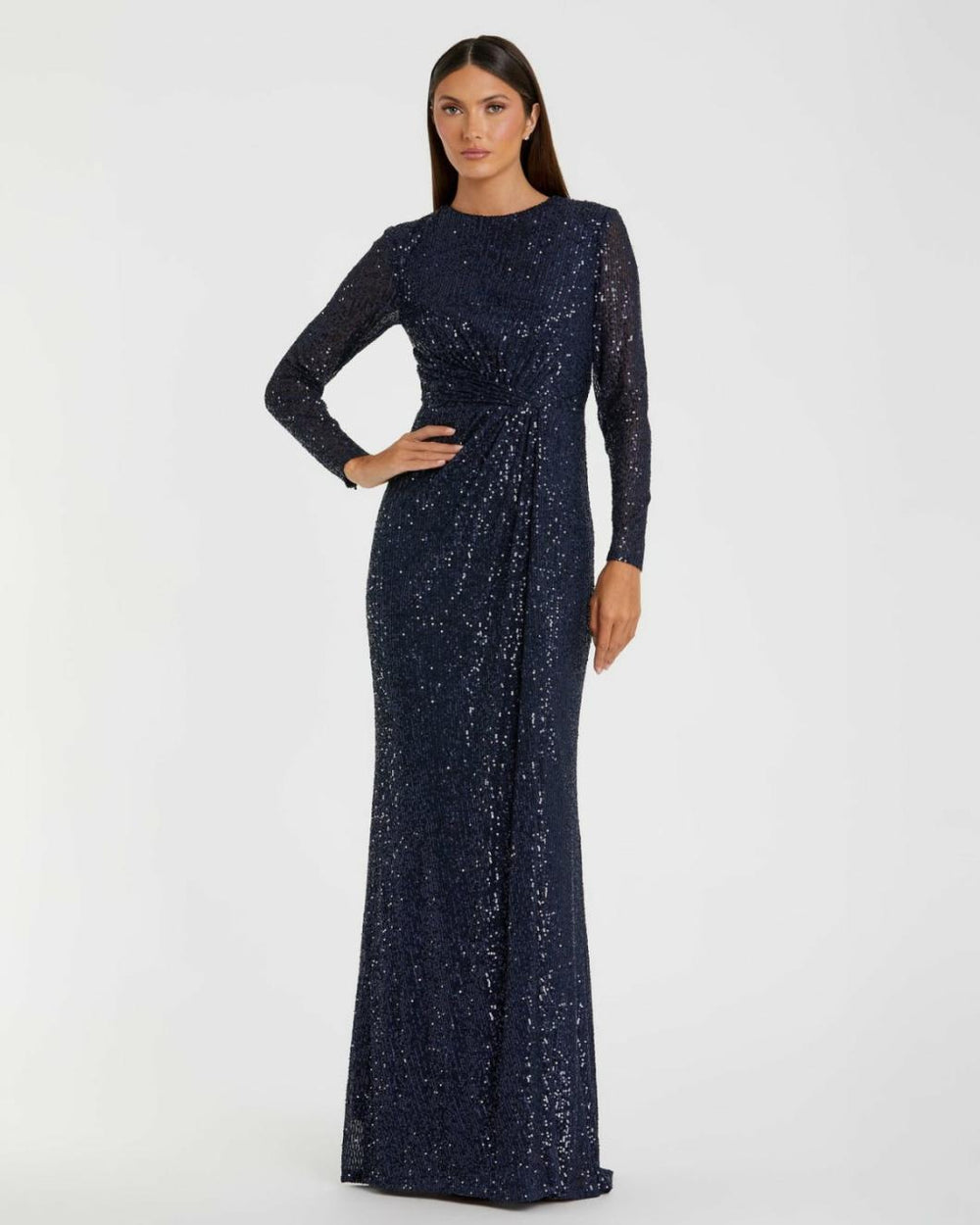 Best Sellers | Women Mac Duggal Sequined Long Sleeve Side Knot Dress Emerald