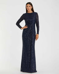 Best Sellers | Women Mac Duggal Sequined Long Sleeve Side Knot Dress Emerald