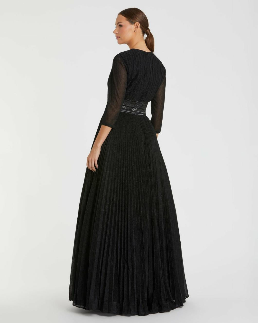 Best Sellers | Women Mac Duggal Shimmering Pleated A-Line 3/4 Sleeve Gown Black