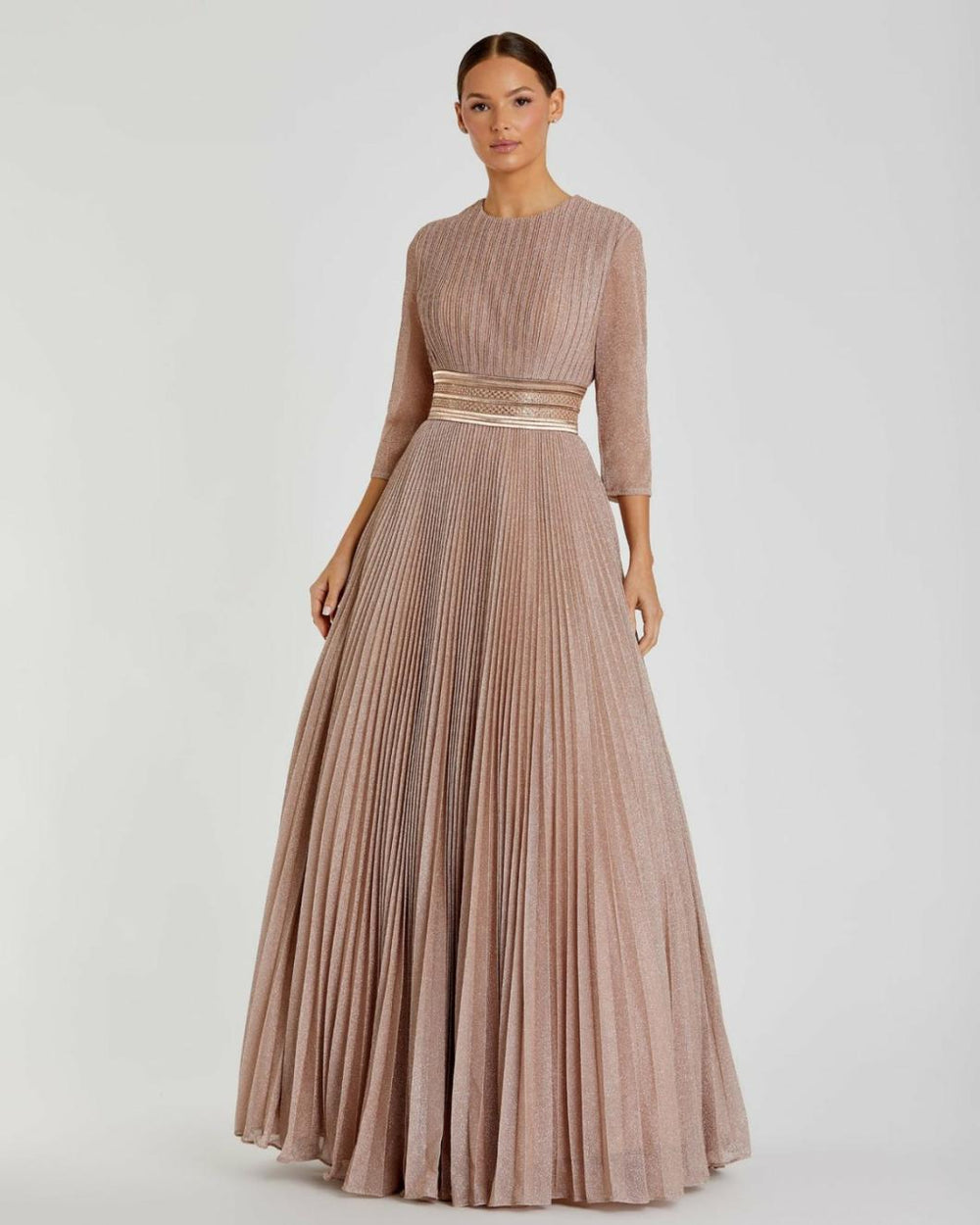 Best Sellers | Women Mac Duggal Shimmering Pleated A-Line 3/4 Sleeve Gown Black