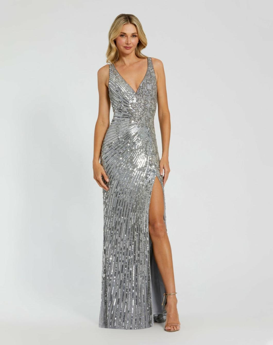 Best Sellers | Women Mac Duggal Silver Beaded Floral Sleeveless Gown Silver