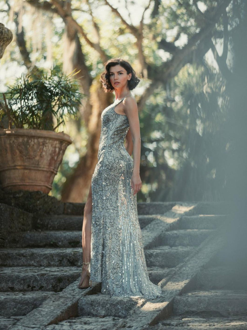 Best Sellers | Women Mac Duggal Silver Beaded Floral Sleeveless Gown Silver