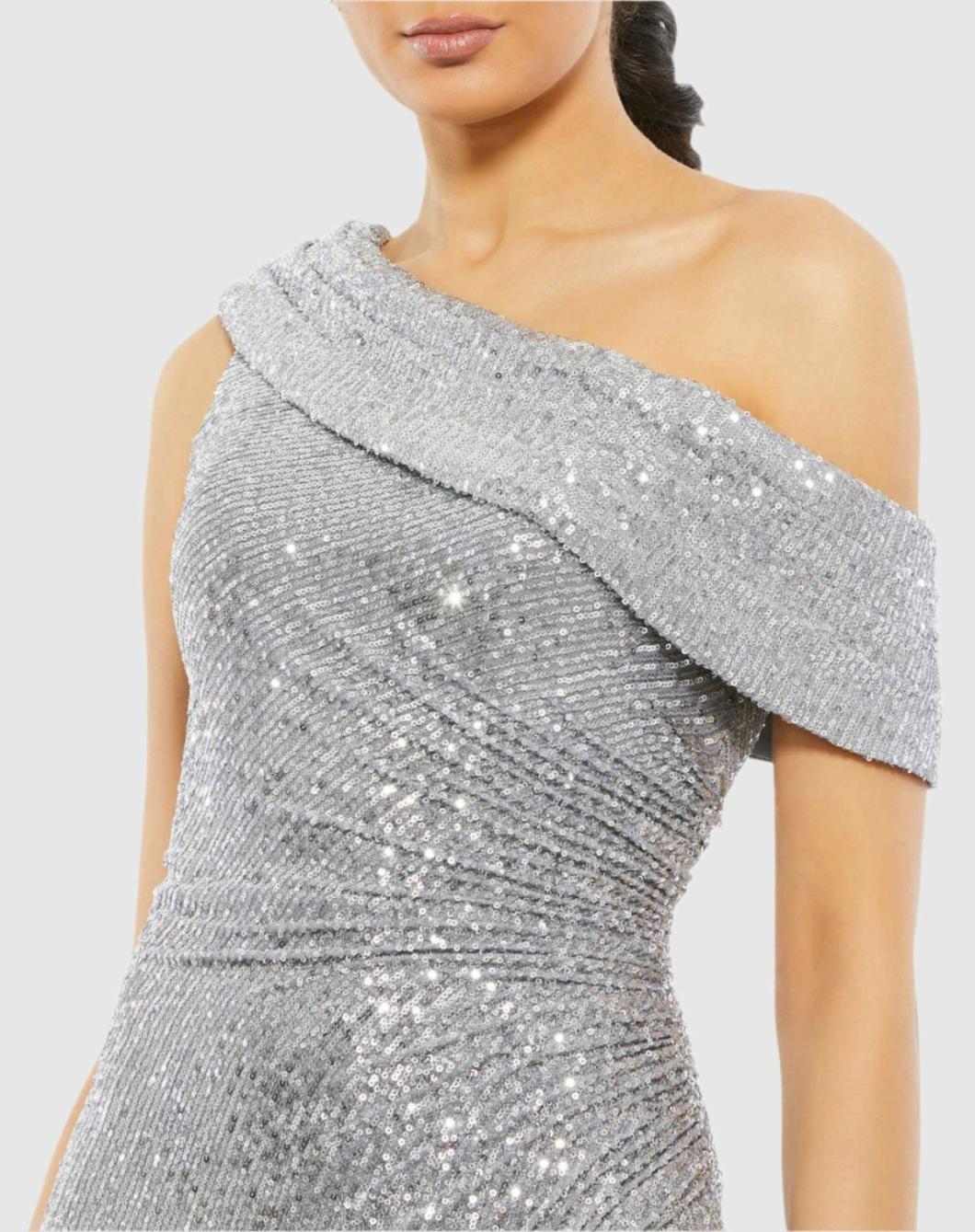 Best Sellers | Women Mac Duggal Silver Sequined Drop Shoulder Gown Platinum