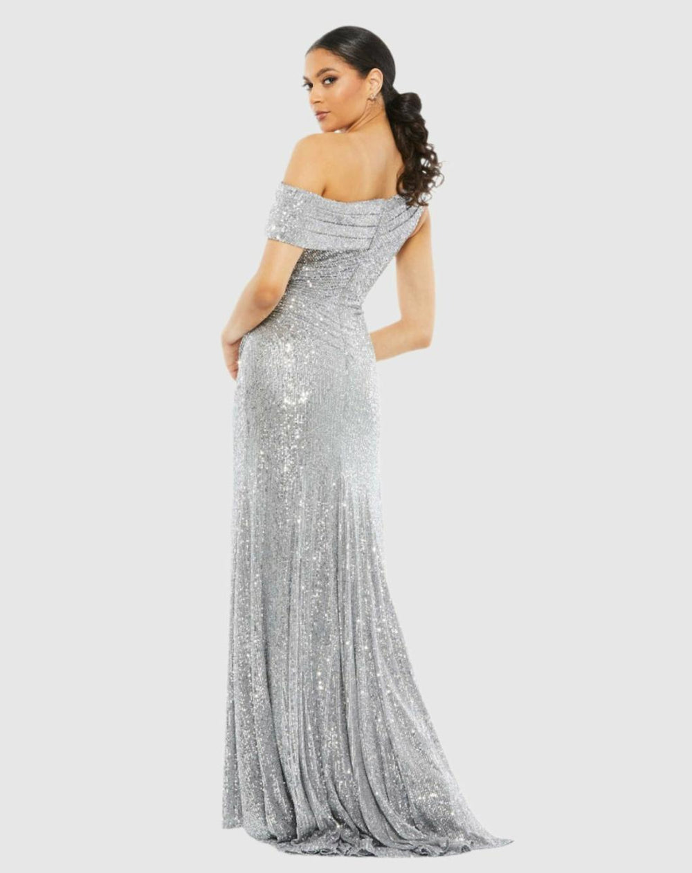 Best Sellers | Women Mac Duggal Silver Sequined Drop Shoulder Gown Platinum