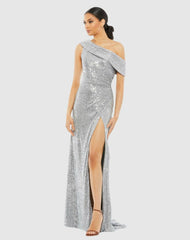 Best Sellers | Women Mac Duggal Silver Sequined Drop Shoulder Gown Platinum