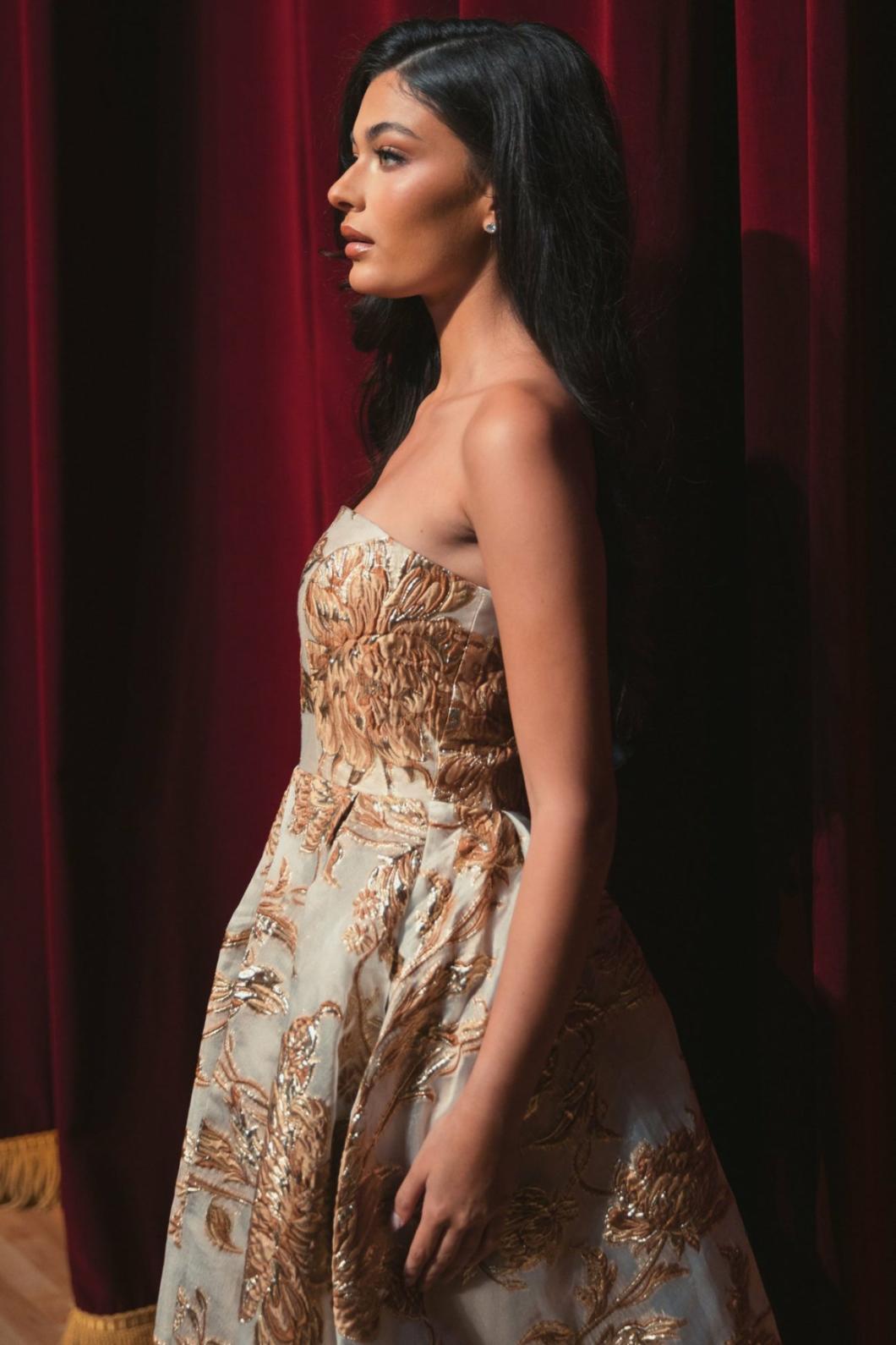 Best Sellers | Women Mac Duggal Strapless Brocade Midi Dress With Pockets Bronze