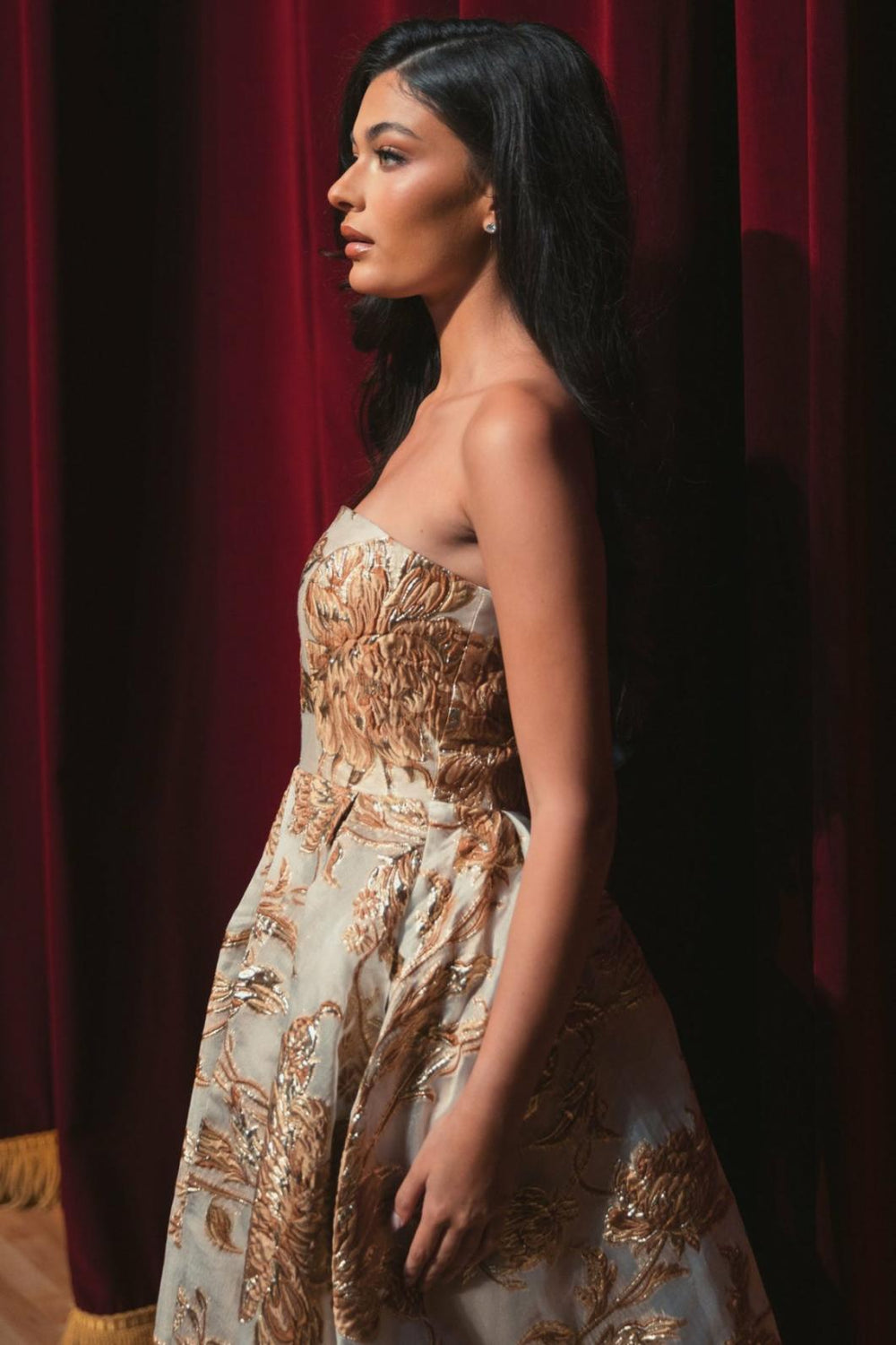 Best Sellers | Women Mac Duggal Strapless Brocade Midi Dress With Pockets Bronze