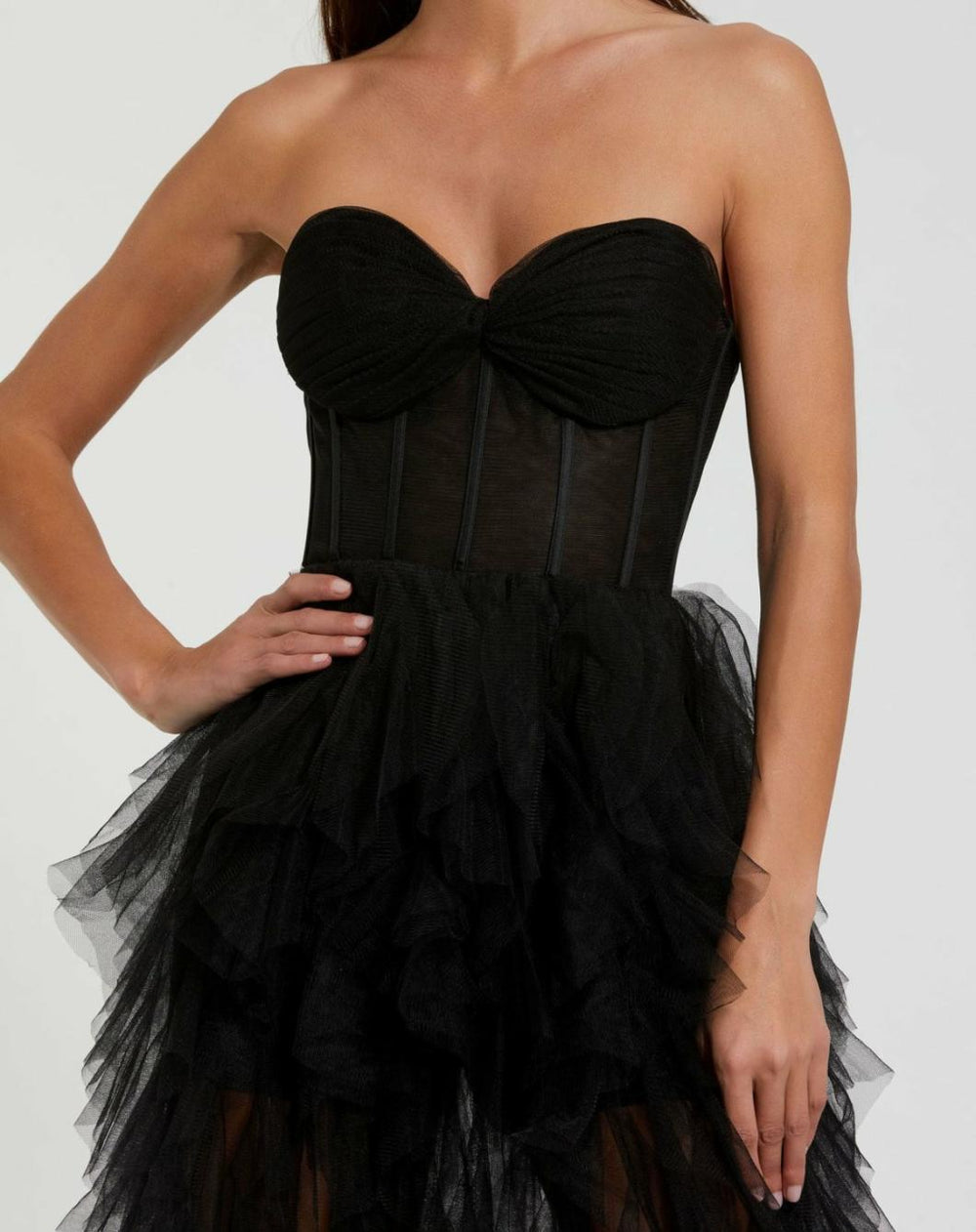 Best Sellers | Women Mac Duggal Strapless Bustier Net Gown With Spiral Ruffles Black