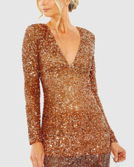 Best Sellers | Women Mac Duggal V Neck Long Sleeve Sequin Dress With Fringe Detail Copper