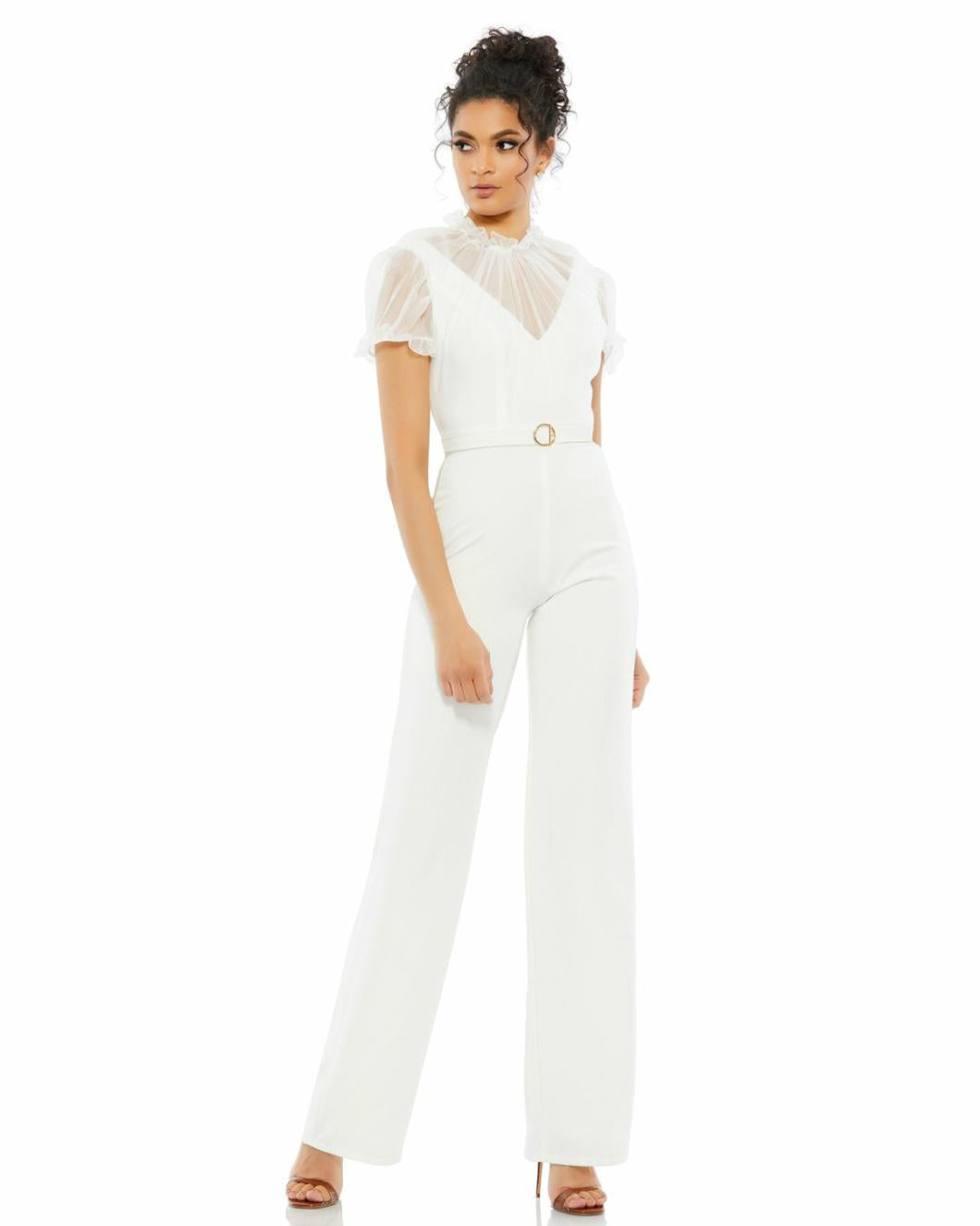 Best Sellers | Women Mac Duggal White Belted Illusion High Neck Cap Sleeve Jumpsuit White