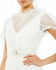 Best Sellers | Women Mac Duggal White Belted Illusion High Neck Cap Sleeve Jumpsuit White