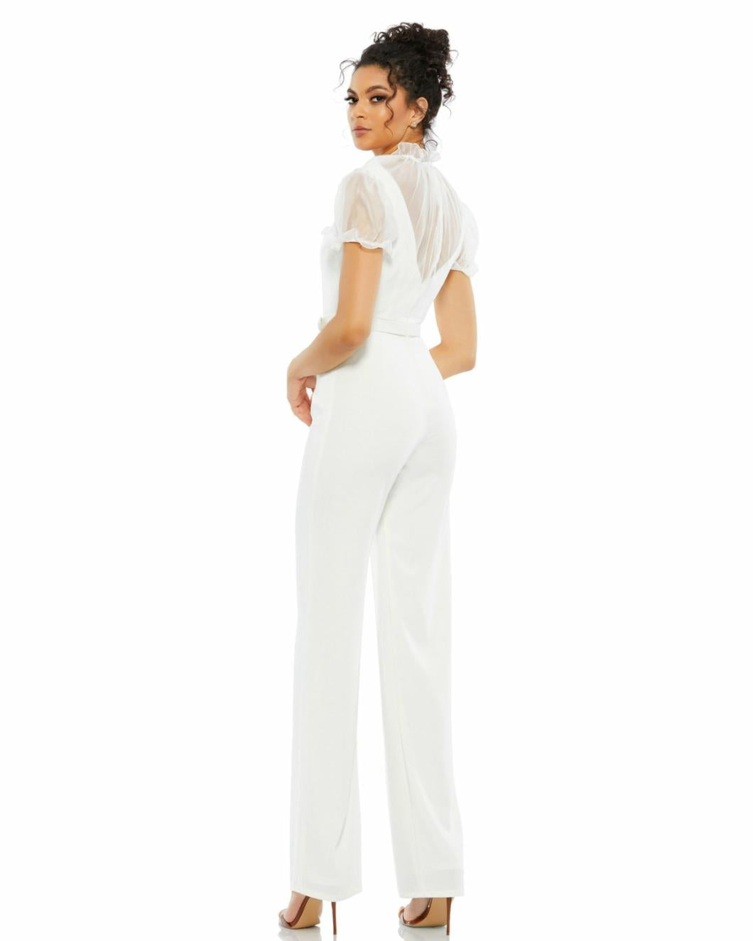 Best Sellers | Women Mac Duggal White Belted Illusion High Neck Cap Sleeve Jumpsuit White