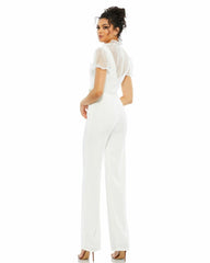 Best Sellers | Women Mac Duggal White Belted Illusion High Neck Cap Sleeve Jumpsuit White