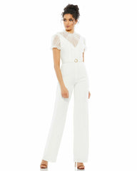 Best Sellers | Women Mac Duggal White Belted Illusion High Neck Cap Sleeve Jumpsuit White