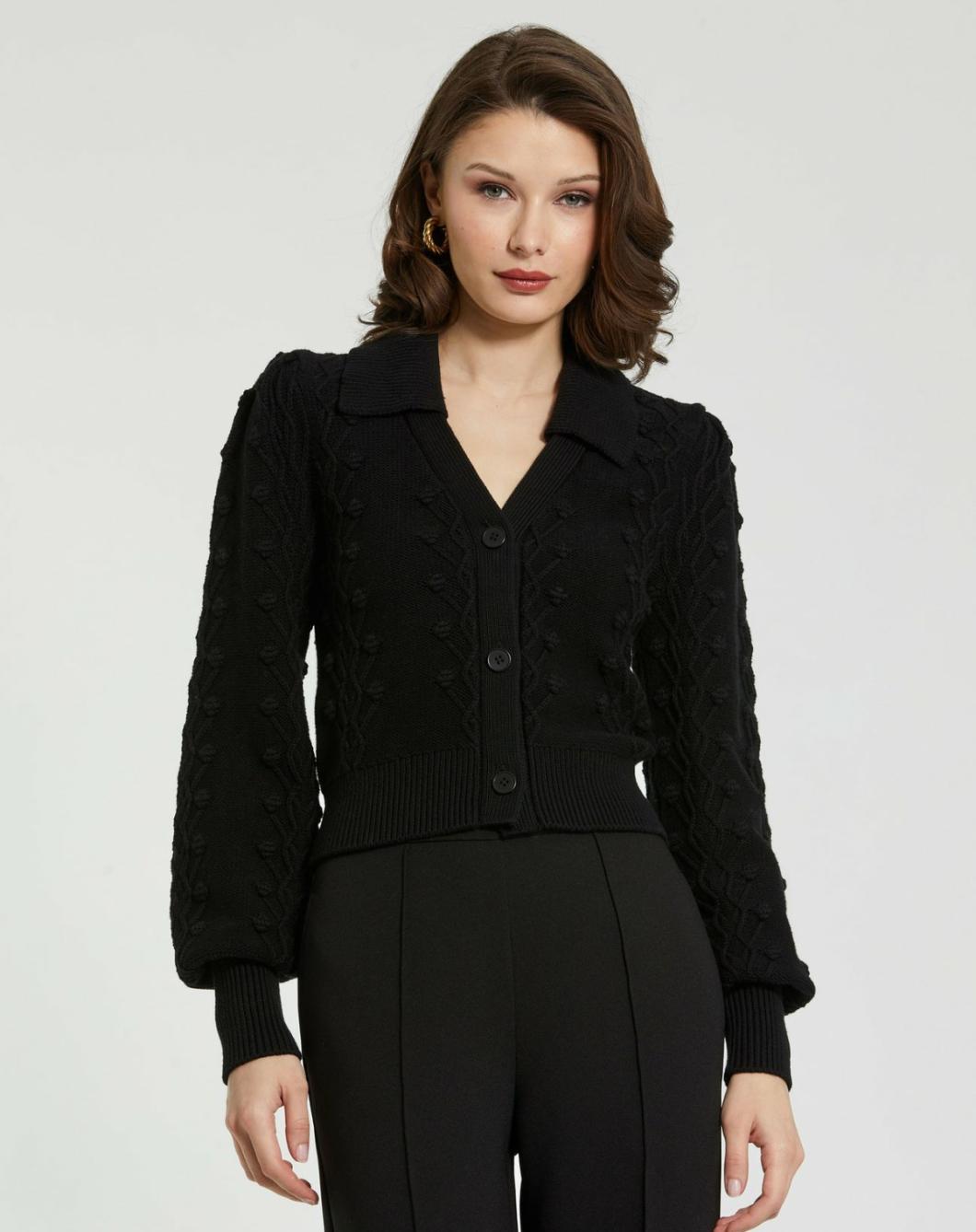 Blouses And Tops | Women Mac Duggal Cropped Bobble Cable Knit Button Up Cardigan Sweater Black