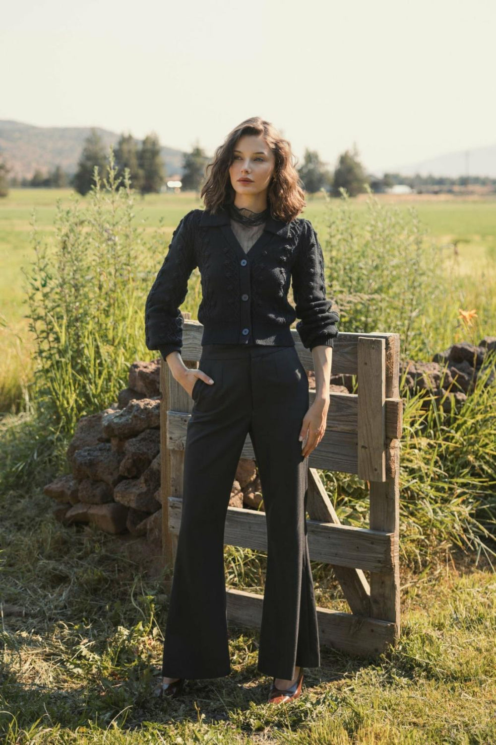 Blouses And Tops | Women Mac Duggal Cropped Bobble Cable Knit Button Up Cardigan Sweater Black