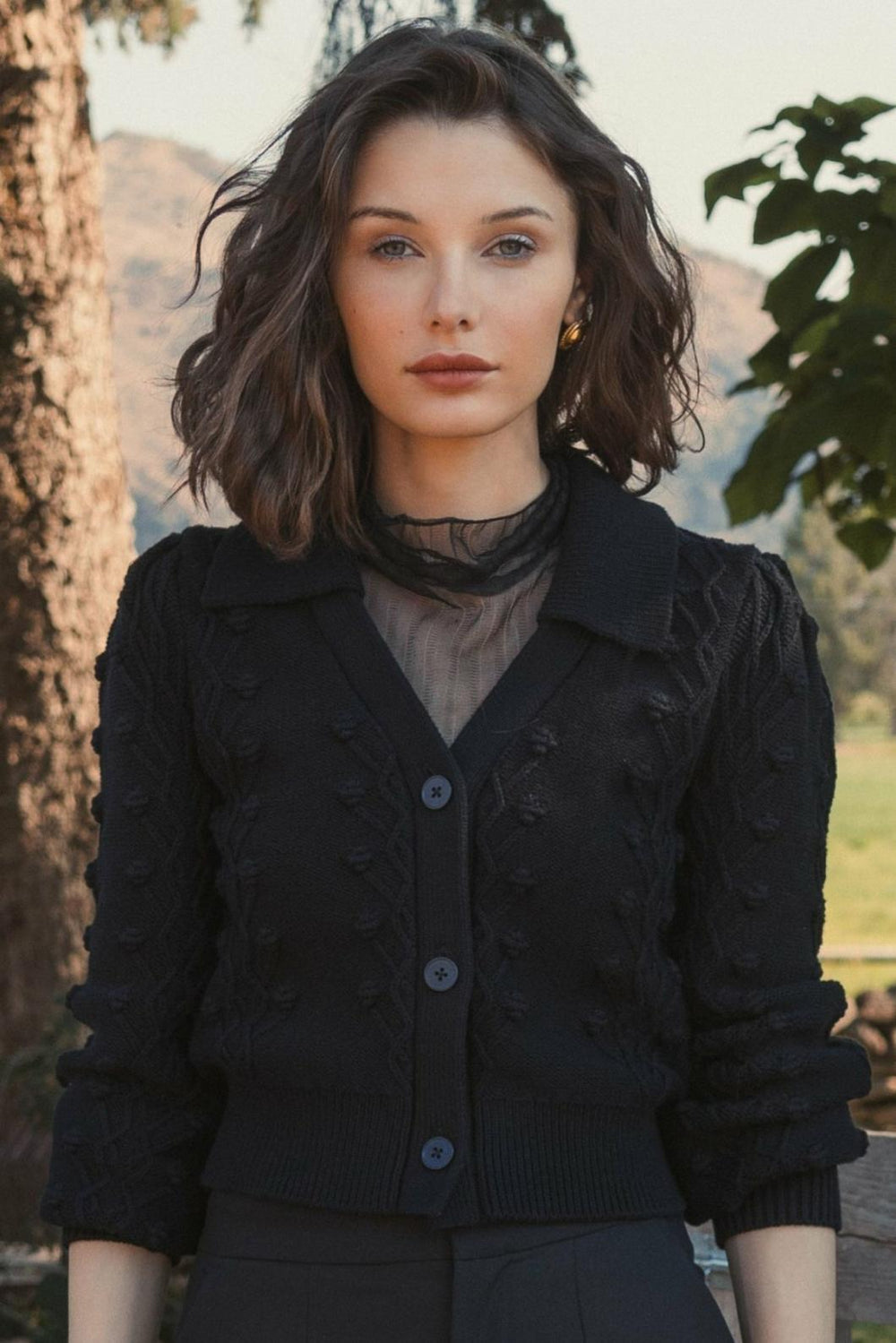 Blouses And Tops | Women Mac Duggal Cropped Bobble Cable Knit Button Up Cardigan Sweater Black