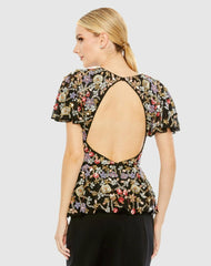 Blouses And Tops | Women Mac Duggal Floral Embellished Butterfly Sleeve Peplum Top - FINAL SALE Black Multi
