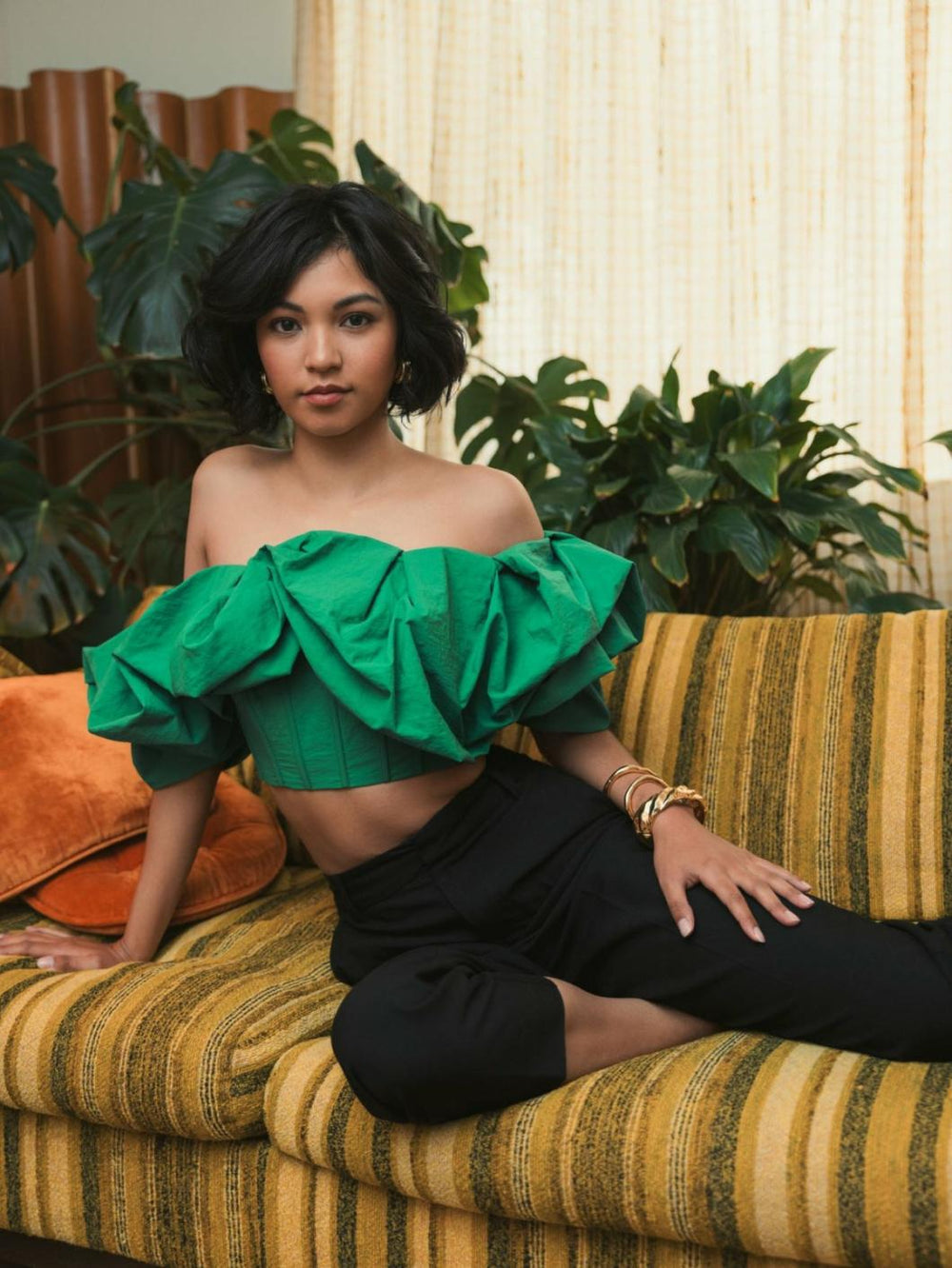 Blouses And Tops | Women Mac Duggal Green Faille Off The Shoulder Bustier Ruffle Top - FINAL SALE Spring Green