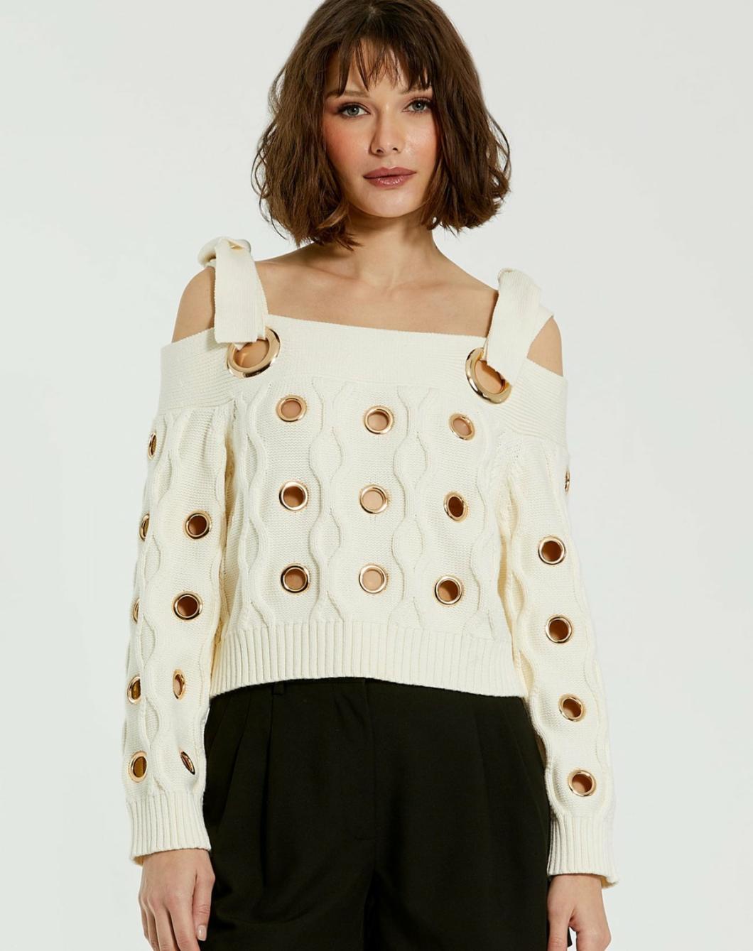 Blouses And Tops | Women Mac Duggal Ivory Chunky Knit Off The Shoulder Grommet Cropped Sweater Cream