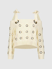 Blouses And Tops | Women Mac Duggal Ivory Chunky Knit Off The Shoulder Grommet Cropped Sweater Cream