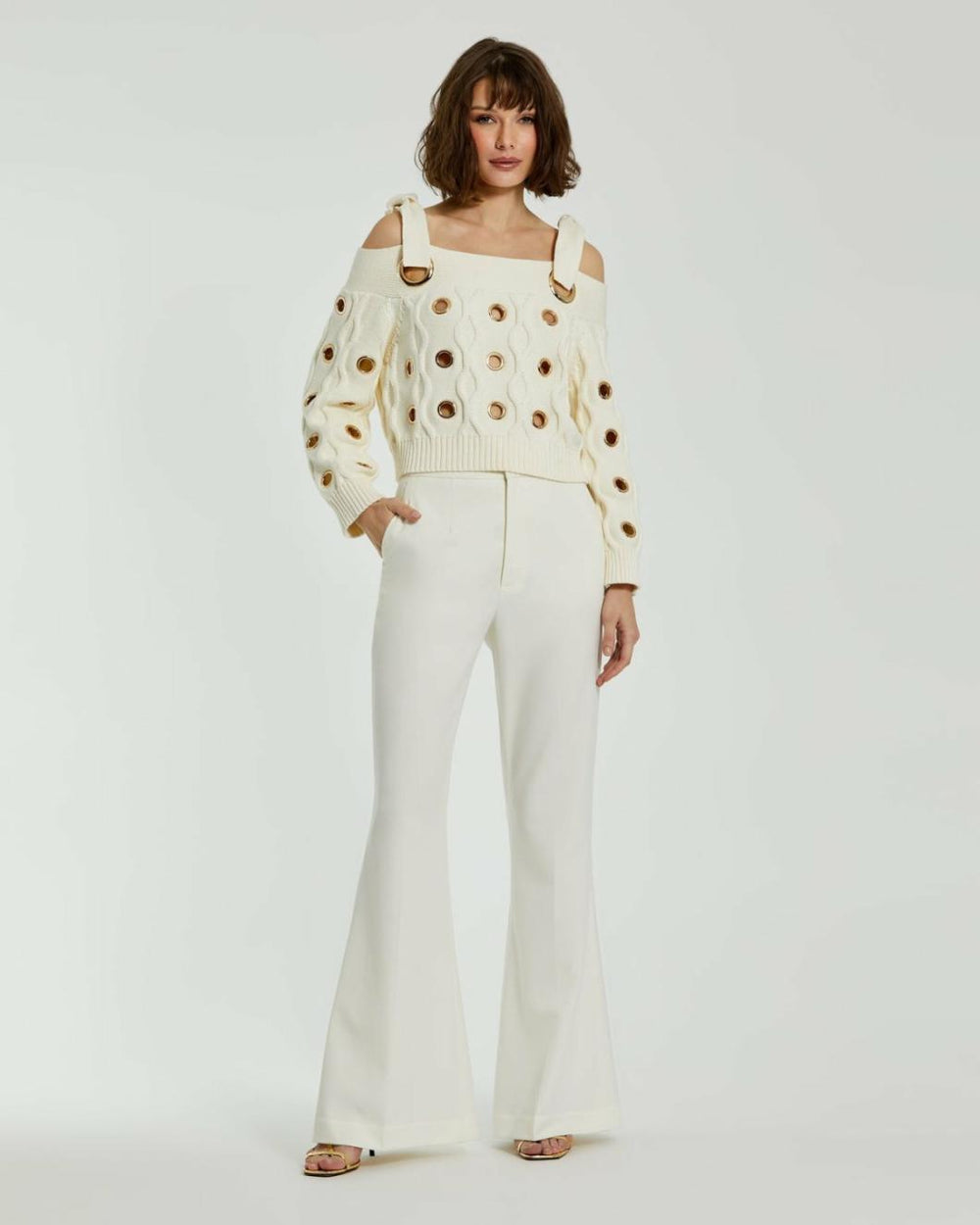 Blouses And Tops | Women Mac Duggal Ivory Chunky Knit Off The Shoulder Grommet Cropped Sweater Cream