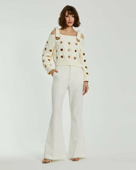 Blouses And Tops | Women Mac Duggal Ivory Chunky Knit Off The Shoulder Grommet Cropped Sweater Cream