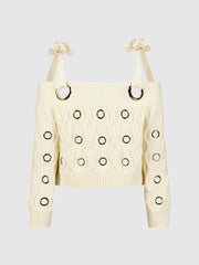 Blouses And Tops | Women Mac Duggal Ivory Chunky Knit Off The Shoulder Grommet Cropped Sweater Cream