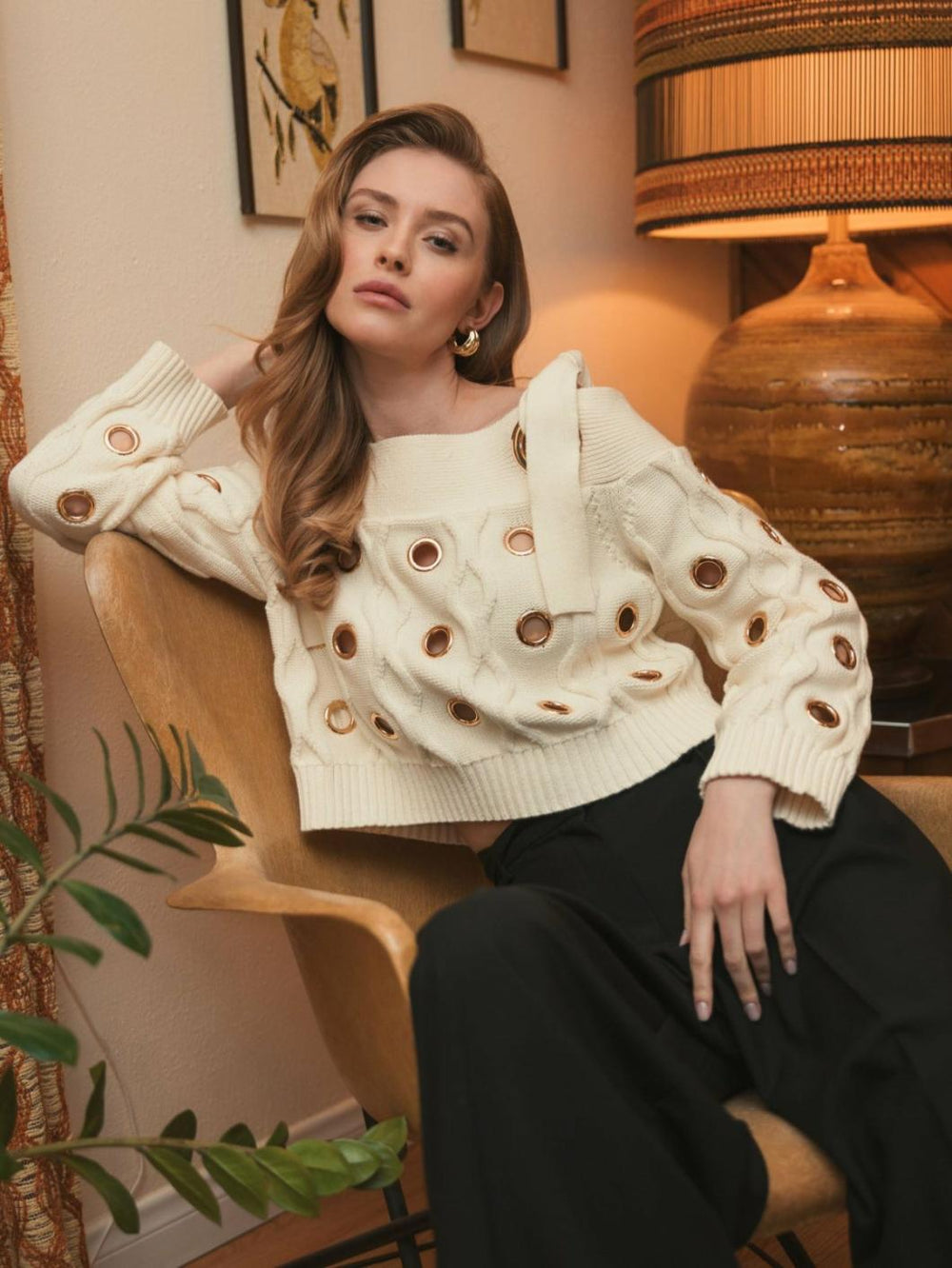 Blouses And Tops | Women Mac Duggal Ivory Chunky Knit Off The Shoulder Grommet Cropped Sweater Cream