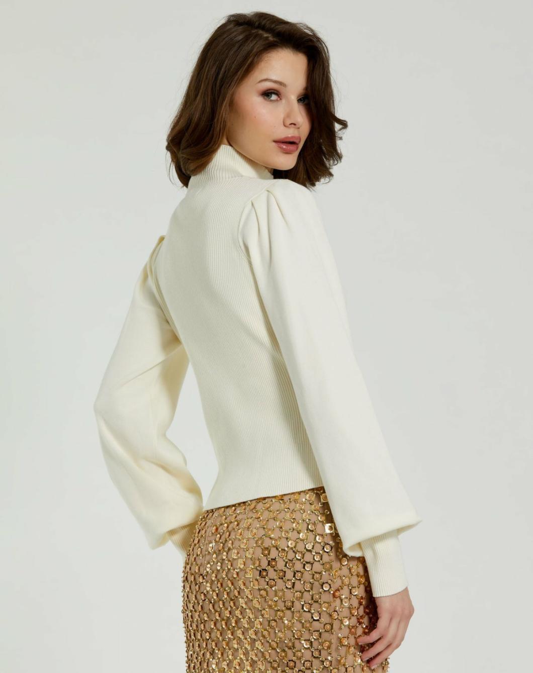 Blouses And Tops | Women Mac Duggal Ivory Ribbed Knit Balloon Sleeve Turtle Neck Sweater - FINAL SALE Ivory