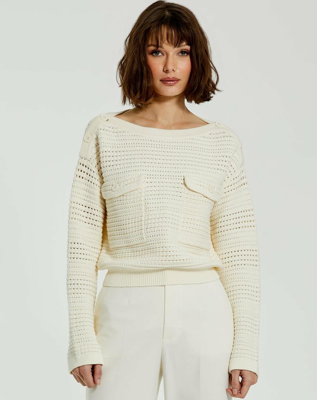 Blouses And Tops | Women Mac Duggal Long Sleeve Crochet Knit Crew Neck Sweater With Pockets - FINAL SALE Cream