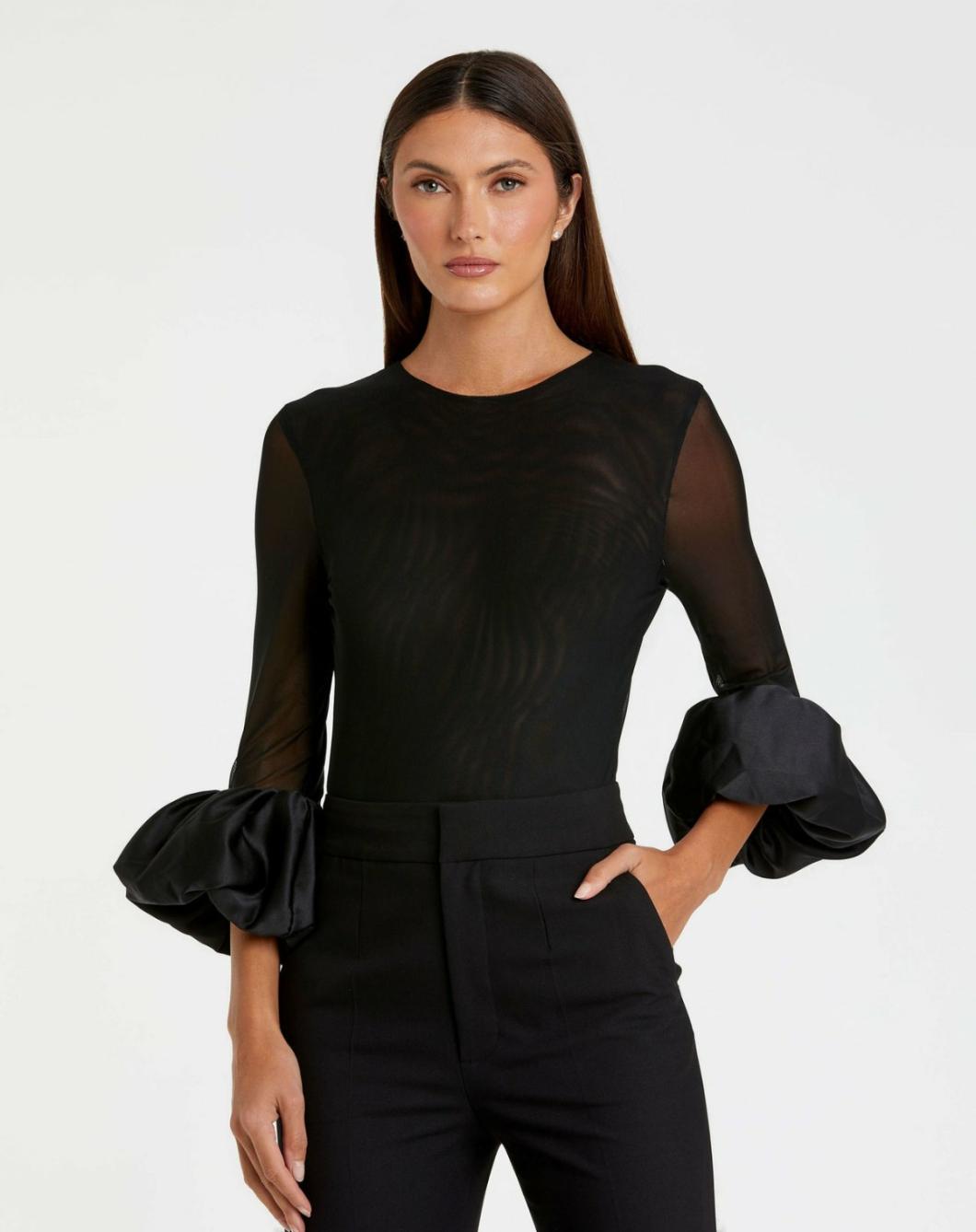Blouses And Tops | Women Mac Duggal Mesh Long Sleeve Bodysuit With Satin Puff Sleeve - FINAL SALE Black